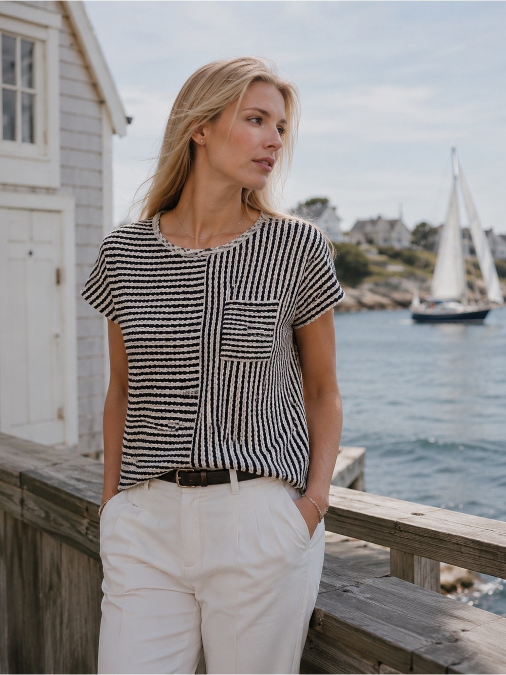 Striped Knit Pocket Tee - Black & White 90e minimalist carolyn bessette kennedy